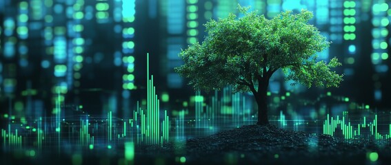Surreal Stock Market Background with a Tree Growing on a Candlestick Chart. AI generated illustration