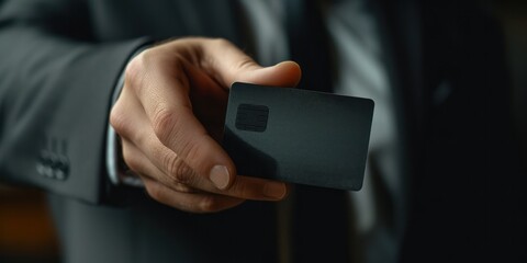 businessman holding a credit black card privileges hight level personal payment purchase luxury class show membership empty