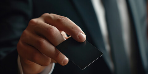 businessman black suit holding a credit card privileges hight level personal payment purchase luxury class show membership