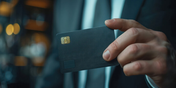 businessman holding a credit card privileges hight level personal payment purchase luxury class show membership benefits