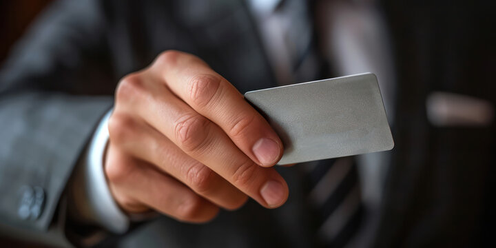 businessman holding a privileges personal grey card hight level personal payment purchase luxury class show membership