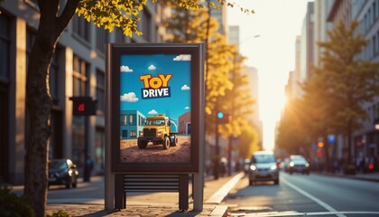 Street billboard saying “TOY DRIVE” with realistic photo of a toy truck in a city street at sunset