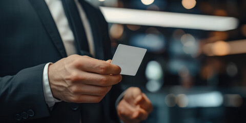 businessman holding a personal name white card privileges hight level personal payment purchase luxury class show membership modern office building