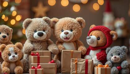 Photorealistic composition of stuffed animals and educational toys arranged in a Christmas-themed display for toy drive