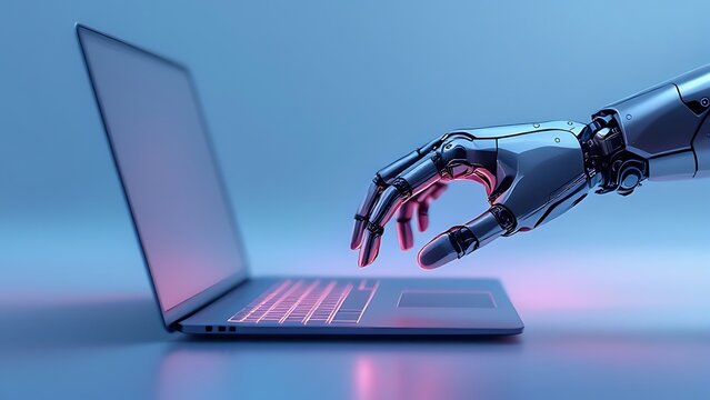 Robotic hand pressing a keyboard on a laptop 3D rendering