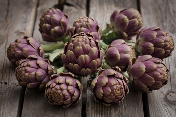 Obraz premium Fresh artichokes forming a circle on rustic wooden table