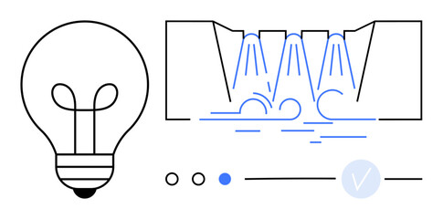 Light bulb next to water spouts demonstrating flow and control with selection icons for settings. Ideal for energy efficiency, water management, technology, sustainability, engineering, smart home