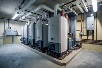 Boiler room housing modern heating system with pipes and control panel
