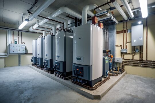 Boiler room housing modern heating system with pipes and control panel