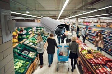Security camera monitoring customers shopping in supermarket