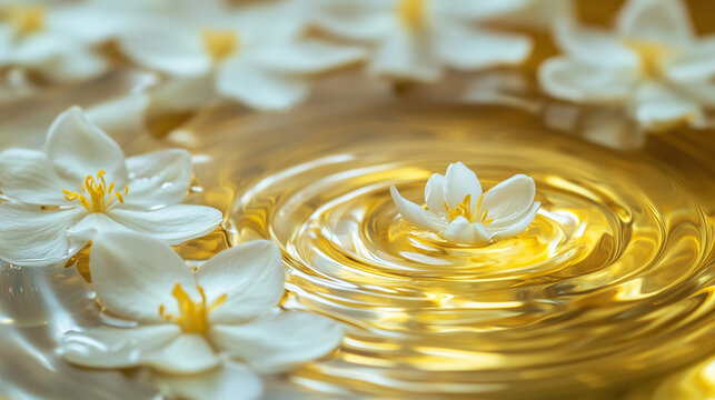 Swirling ripple gold water with clear droplet and white jasmine flower represent pure and beauty from organic nature extracted ingredient.