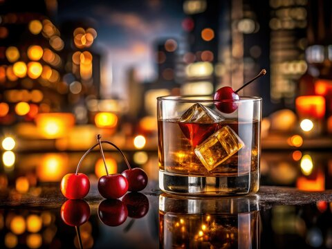Classic Cocktail Hour with a Manhattan on the Rocks in Silhouette Photography, Ambient Bar Lighting, Cherry Garnish, and Dark Rich Liquid Reflection