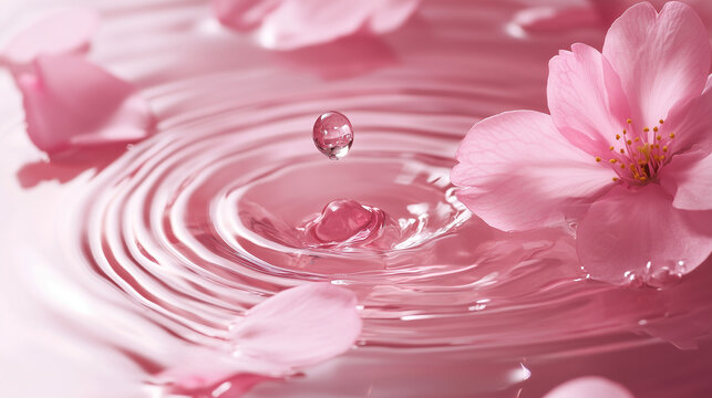 Swirling ripple water with clear droplet and pink sakura cherry blossom flower represent pure and beauty from organic nature extracted ingredient.