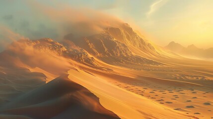 Fototapeta premium Golden desert landscape with mountains, creating a serene and ethereal atmosphere at sunset.