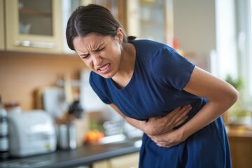 Young woman suffering from strong stomach ache in the kitchen