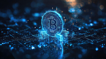 Digital bitcoin coin with glowing blue elements and data patterns