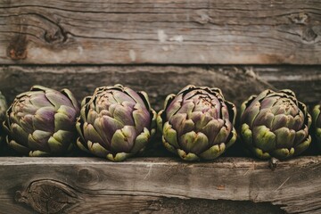 Fototapeta premium Fresh artichokes resting on rustic wooden shelf, ready for culinary delights