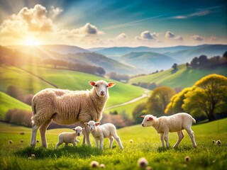 Obraz premium Newborn Lambs Feeding from a Ewe in a Serene Pastoral Landscape with Copy Space for Text, Capturing the Tender Moment of Nature's New Life and Mothering Instincts