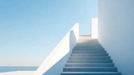 Fototapeta premium A serene staircase leads upward against a bright sky and ocean backdrop.