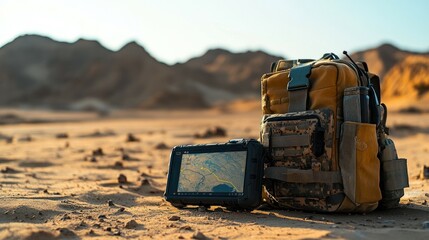 Rugged survival gear rests on desert sands while a device displays live satellite tracking during the golden hour.