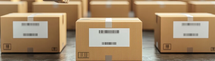 Cardboard boxes with barcode labels arranged on a warehouse floor, representing logistics, delivery, and inventory management.