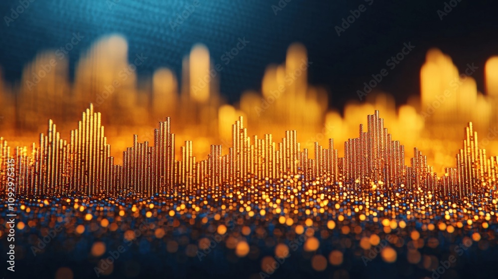 Poster golden chart bars rising from a sparkling surface representing investment growth