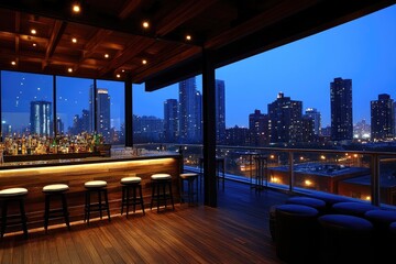 Fototapeta premium Rooftop bar offering stunning city views at dusk
