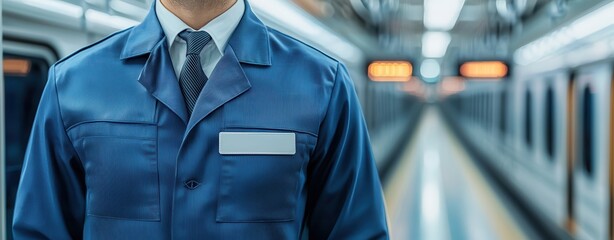 Close-up of a train station staff member wearing a blue uniform with a name badge, standing on a modern railway platform.