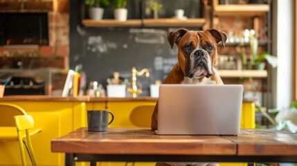 A boxer dog sits attentively in front of a laptop in a cozy kitchen setting, looking focused as if working or watching something on the screen