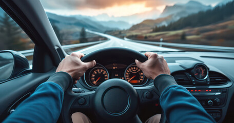 hands holding steering wheel driving car on street sunlight front view landscape natural park
