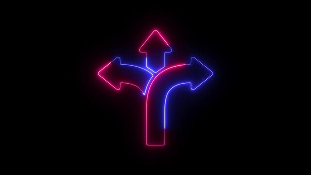 3 side glowing arrow icon animation on black background. Abstract three head arrows. Directional Arrows and Symbols.
