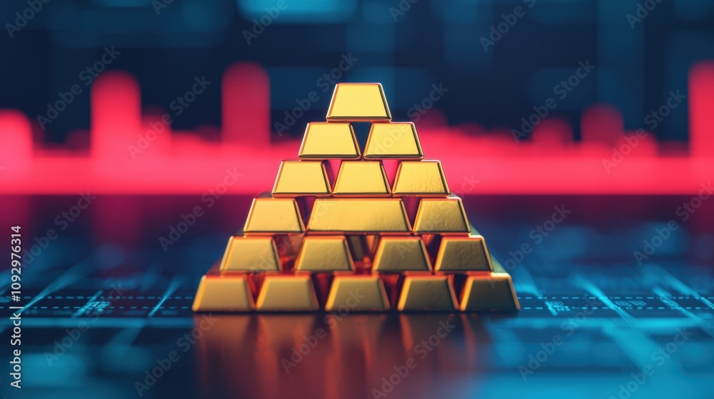 Poster gold bars forming a pyramid on stock market data chart background