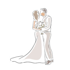 Wedding couple, bride and groom kissing, line art, isolated vector drawing illustration