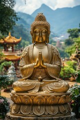 Fototapeta premium Golden buddha statue praying in a peaceful temple garden