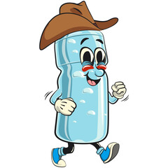 Fototapeta premium water plastic bottle cartoon mascot character wearing a cowboy hat walking calmly, vector illustration isolated, work of hand drawn