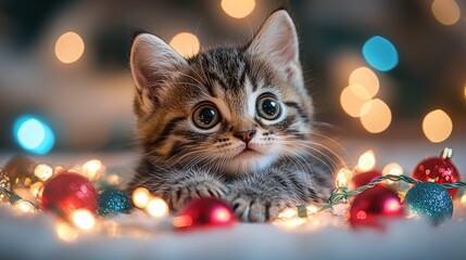 Cute kitten surrounded by colorful holiday lights and ornaments
