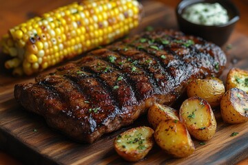 Grilled striploin steak served with roasted potatoes and corn on the cob