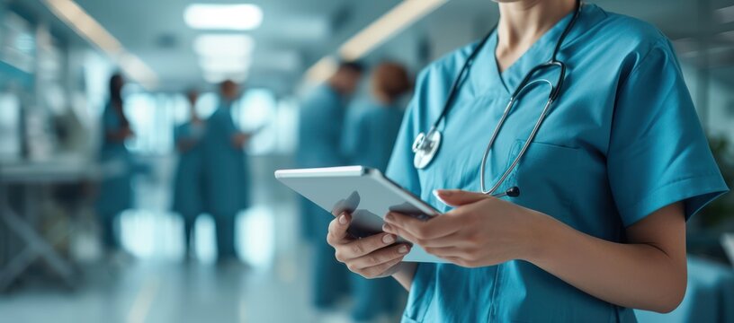 The image shows a nurse using a tablet in a hospital setting. She is wearing blue scrubs and a stethoscope. The background is blurred.