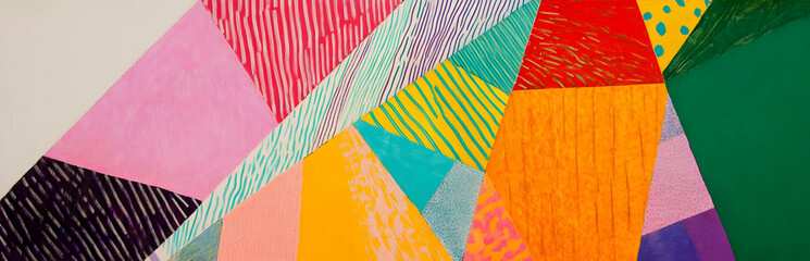 A vibrant abstract mural featuring geometric shapes and bold colors.