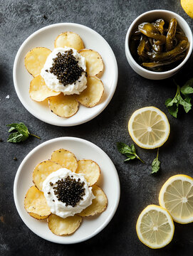 snack of chips with black caviar