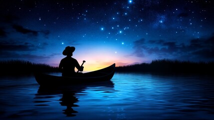 Silhouetted figure in a boat under a starry night sky at twilight