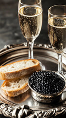 A champagne glass with black caviar. Happy New Year background! Christmas and New Year holidays festive background with copy space. Two glasses of champagne on the blurry background