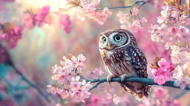 owl on cherry blossom branch in spring