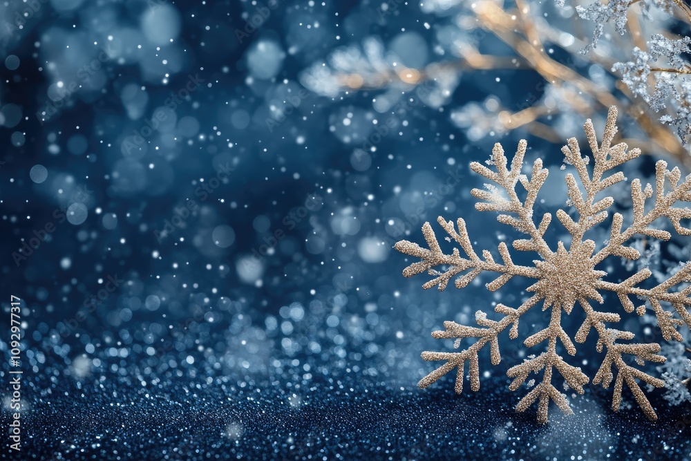 Poster golden snowflake ornament glittering on sparkling blue background with falling snow