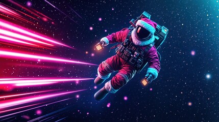 Santa astronaut in outer space carrying futuristic lights, glowing stars, and holiday vibes

