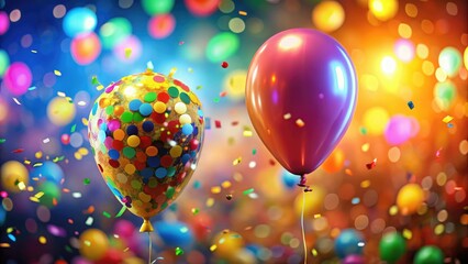 Colorful confetti adorns a balloon, set against a vibrant birthday backdrop, creating a festive atmosphere perfect for party decorations and celebration themes. High resolution ideal for prints.
