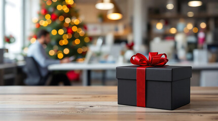 Christmas gift box with office desk on office worker and Christmas tree background.