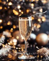 A champagne glass with black caviar. Happy New Year background! Christmas and New Year holidays festive background with copy space. Two glasses of champagne on the blurry background