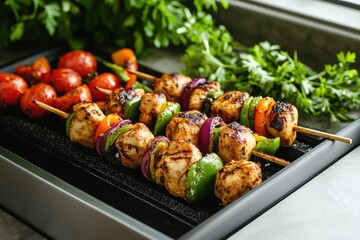 Chicken and vegetable skewers grilling on a tray with fresh herbs