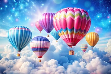 Fototapeta premium Colorful pink and blue hot air balloons float in the sky, creating a whimsical backdrop for baby showers, kids' parties, and joyful celebrations amid soft clouds.